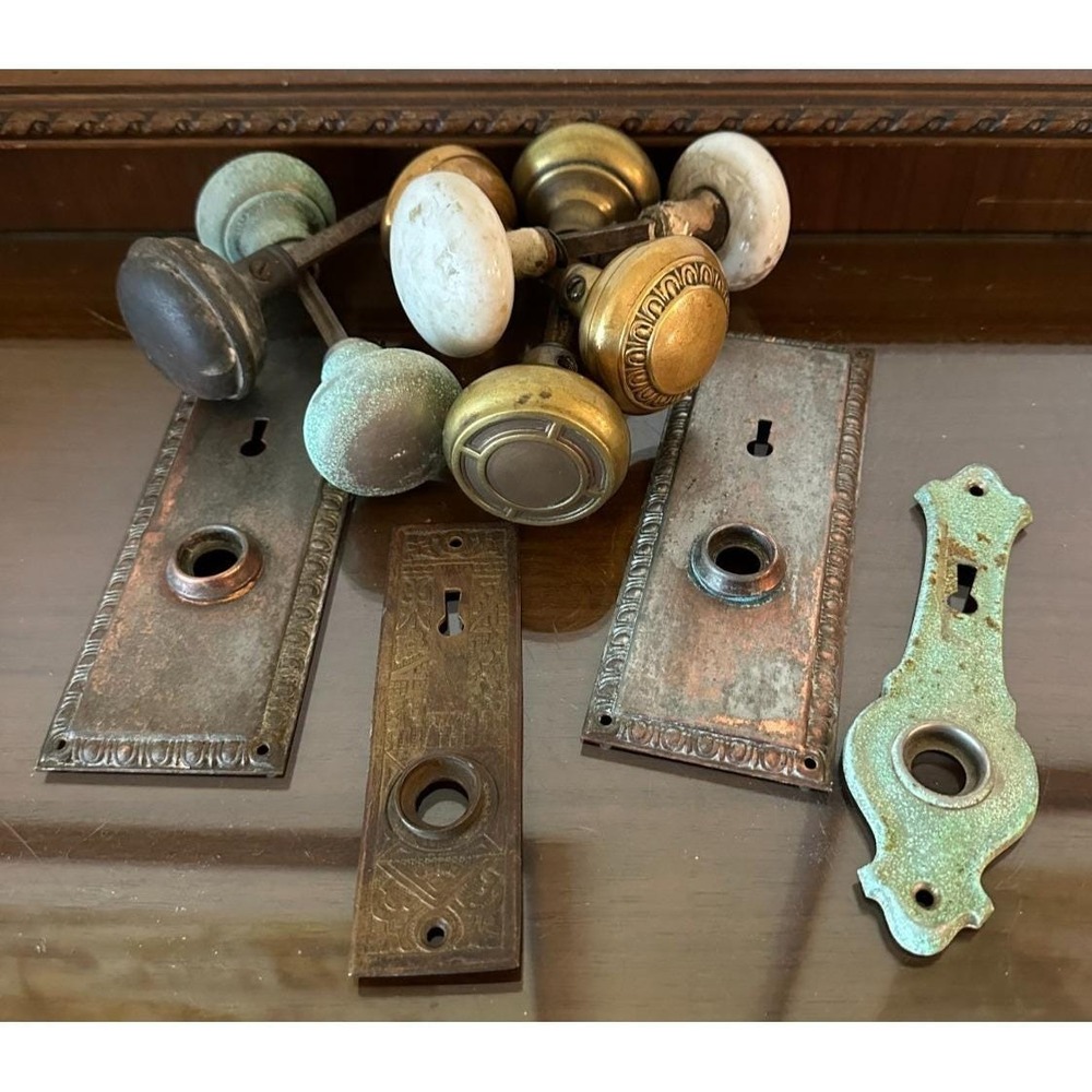 Vintage Lot Door Hardware Brass‎ Porcelain Knobs Backplates
